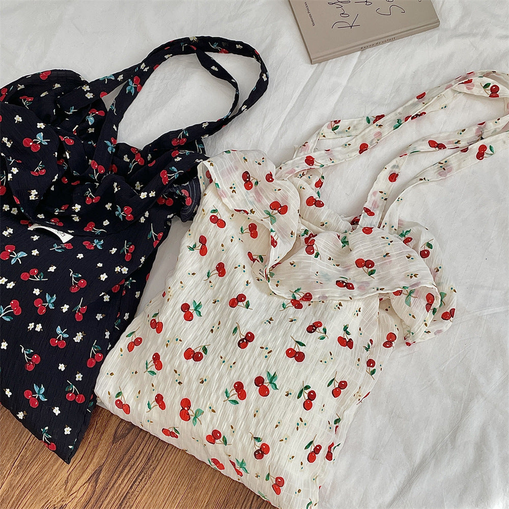 Wholesale Chiffon ruffle shoulder bag cute cherry canvas bag